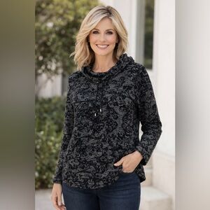 Weekends By Chico’s Cowl Neck Tunic Sweater Gray Black Damask Scroll Floral XL